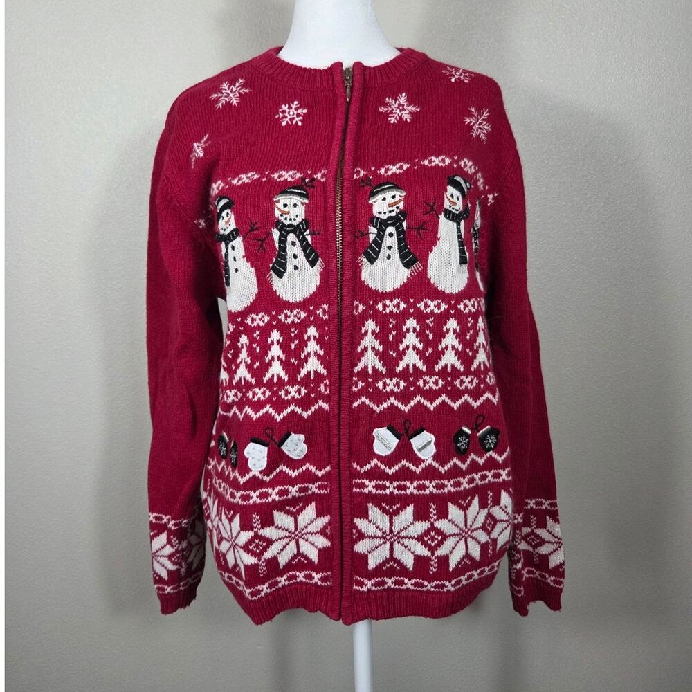 Croft & Barrow Woman's Snowman Full Zip Knit Cardigan Sweater Size Medium